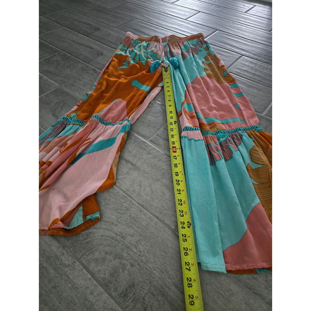 True Destinations Resort Tropical Print Flare Leg Pants Teal Pink Floral Medium - Picture 2 of 7